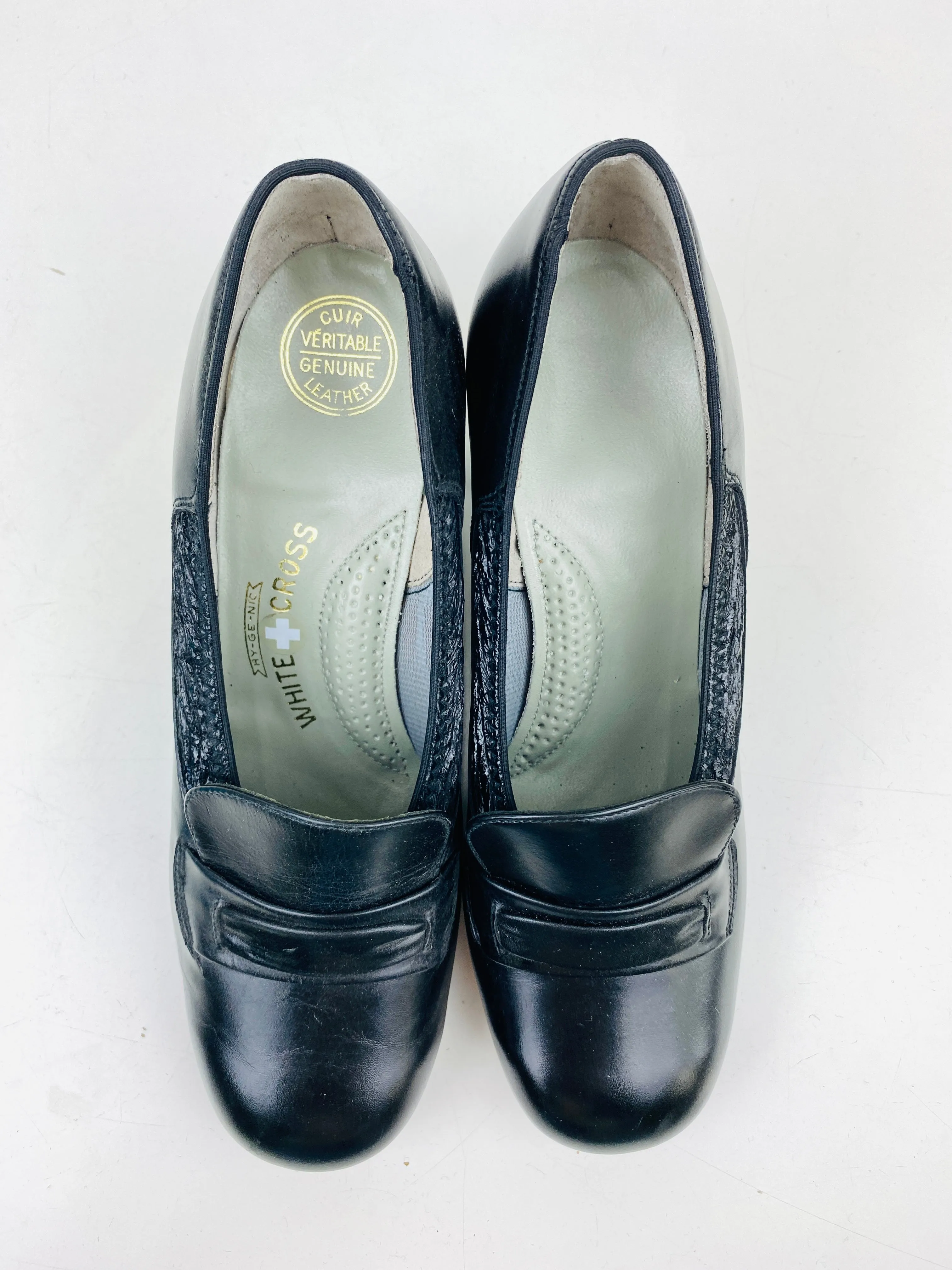 Vintage Deadstock Shoes, Women's 1980s Black Leather Cuban Heel Pumps, NOS, 5990