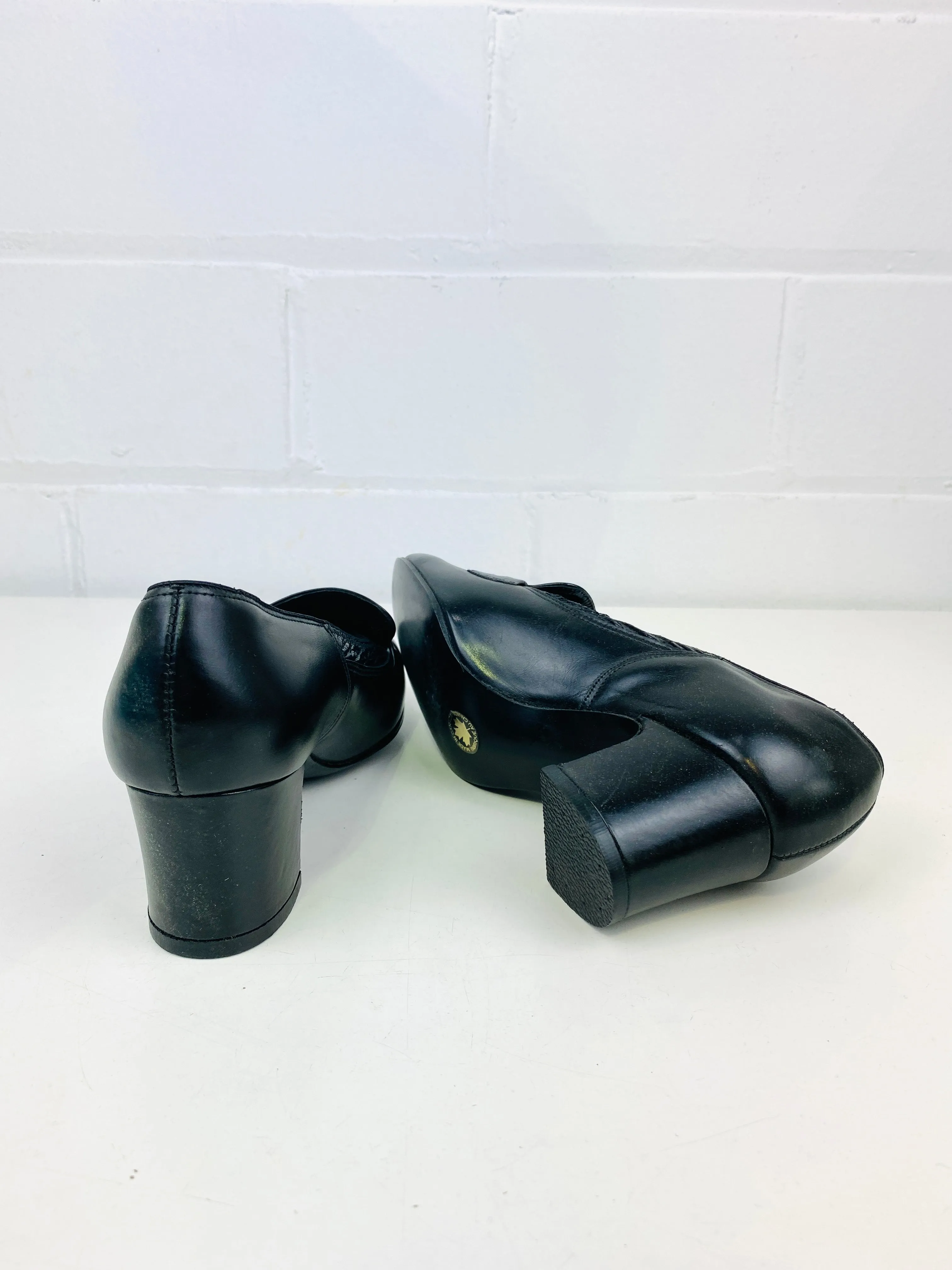 Vintage Deadstock Shoes, Women's 1980s Black Leather Cuban Heel Pumps, NOS, 5990