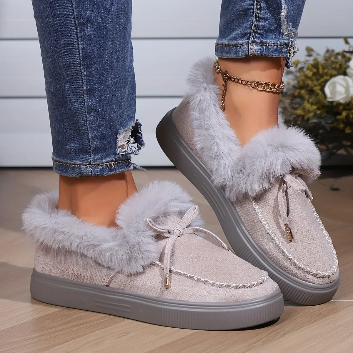 Women's Round Toe Fleece Platform Slip-on Shoes, Winter Thermal Shoes, Women's Footwear