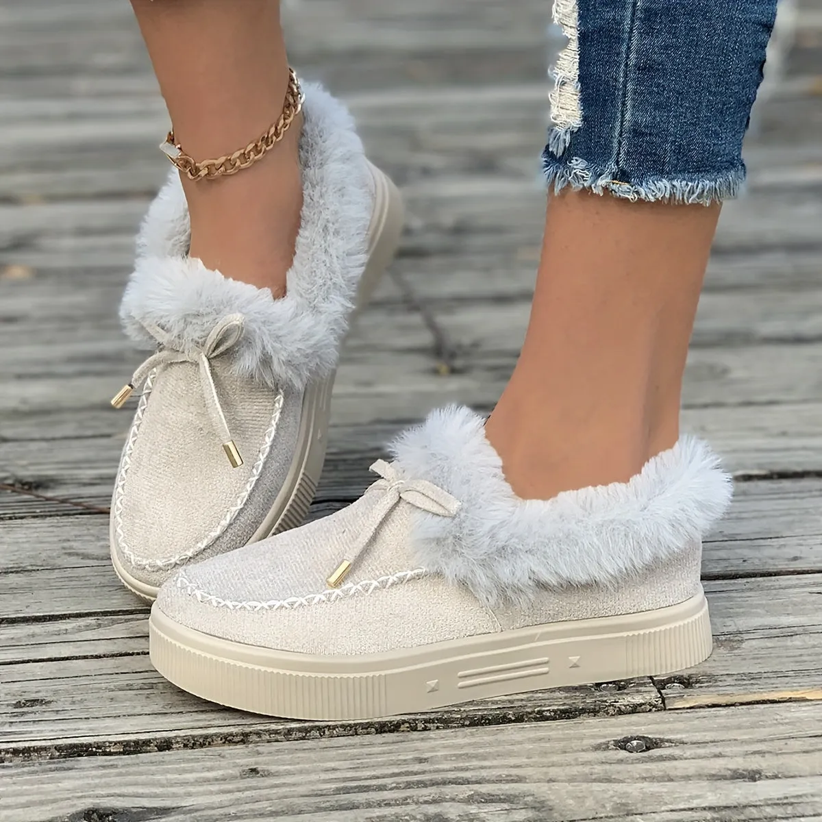 Women's Round Toe Fleece Platform Slip-on Shoes, Winter Thermal Shoes, Women's Footwear